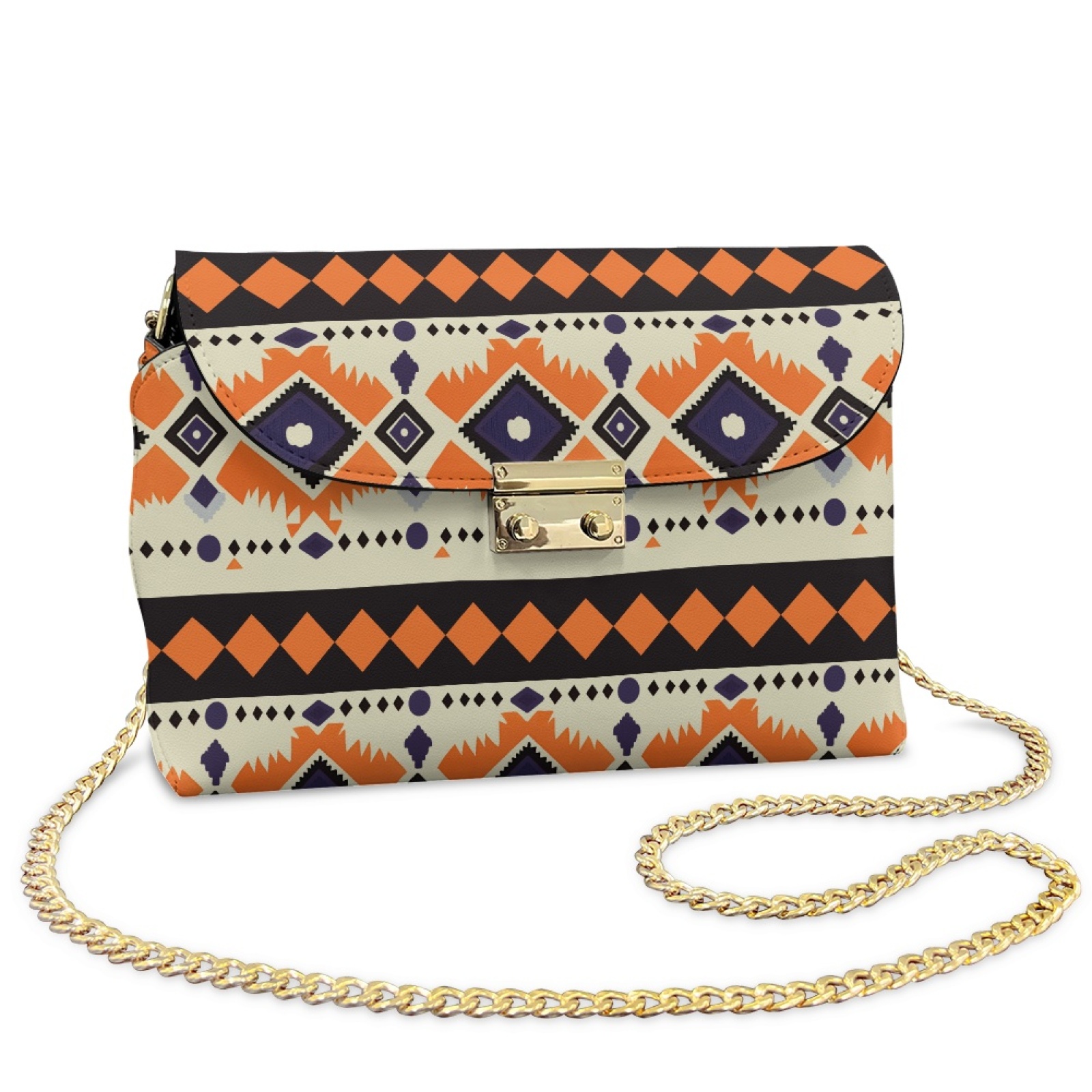 SCRAWLGOD American Tribal Orange Black Leather Quilted Crossbody Bags for Women Minimalist Purses for Women Crossbody Bag with Detachable Chain Handbags for Travel