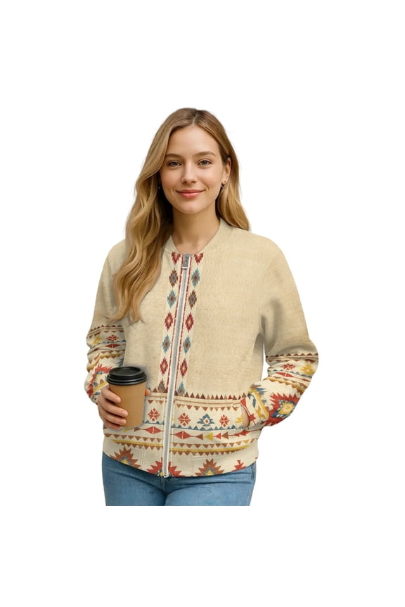 American Tribal Print Beige Jackets for Women Fall Fashion Coats Crew Neck Stylish Comfortable Sweatshirts Lightweight Zip Up Jackets Dressy Casual, XXL
