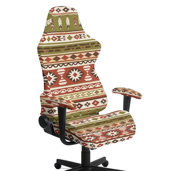 SCRAWLGOD American Tribal Print Beige Red Green Gaming Chair Cover with Armrest Cover, Thick Computer Chair Protective with Stretchy Bottom Non Slip Gaming Rotating Chair Slipcover