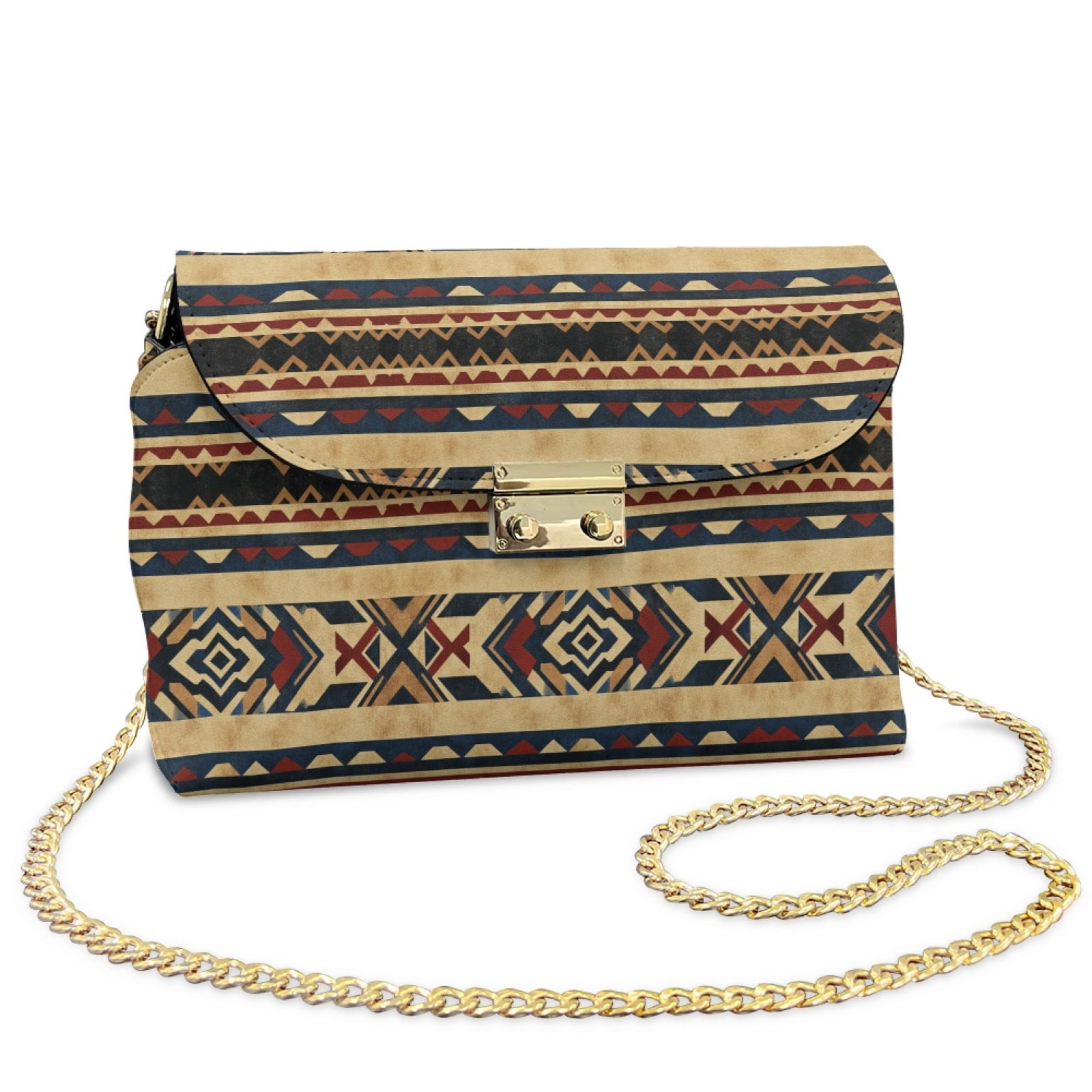 SCRAWLGOD American Tribal Print Khaki Red PU Leather Crossbody Bags for Women, Crossbody Purse with Detachable Strap Zipped Pockets, Handbag Shoulder Bag