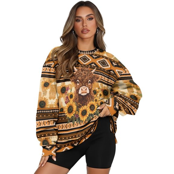 SCRAWLGOD American Tribal Sunflower Highland Cow Beige Women Crewneck Sweatshirts with Pockets Long Sleeve Drop Shoulder Pullovers Comfortable Fashion Loose Fit Clothes for Daily Wear, XXL