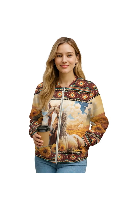 American Tribal Sunflower Horse Print Beige Women's Zip up Sweatshirt Jacket Crewneck Hoodless Running Sweatshirt with Pockets Loose Fit Stylish Comfy Coat, 4XL