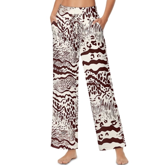SCRAWLGOD Animal Print Beige Women’s Palazzo Trousers Pants Drawstring High Waist Wide Leg Daily Trousers Comfy Elastic Flowy Slacks with Pockets, XL