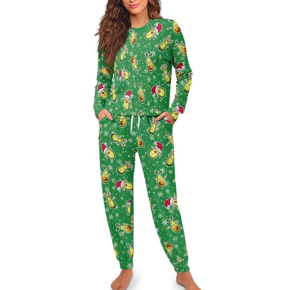 SCRAWLGOD Avocado Pjs for Women Snowflakes Pajamas Women Long Sleeve Sleepwear Crewneck 2 Piece Lounge Size L Comfy Graphic Pj Sets for Woman Christmas
