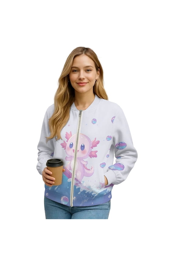 Axolotl Bubble Print White Women's Zip up Sweatshirt Jacket Crewneck Hoodless Running Sweatshirt with Pockets Loose Fit Trendy Comfortable Coat, M