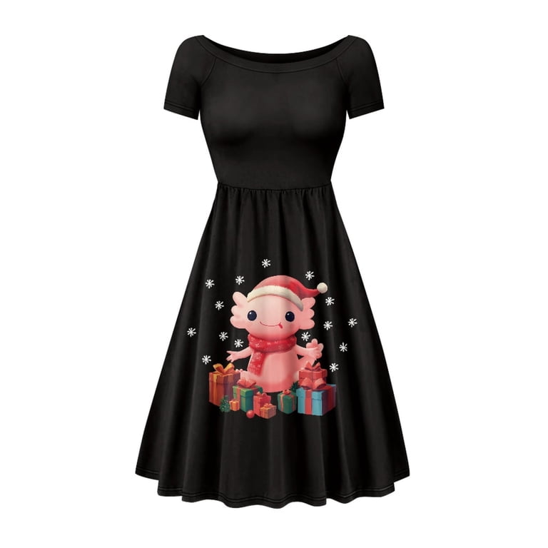 Scrawlgod Axolotl Cartoon Print Dresses for Women Casual Dress with Sleeves Comfortable Ladies Summer Dresses Casual with Sleeves Crewneck Swing