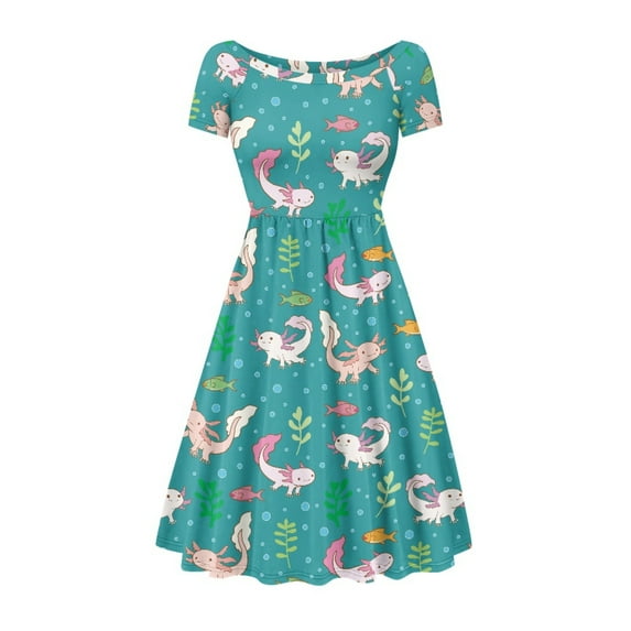 SCRAWLGOD Axolotl Cartoon Women Dresses Casual Summer Dresses Midi Length with Sleeves Leisure Size XS Swing Dress for Women Knee Length with Round Neck for Vacations