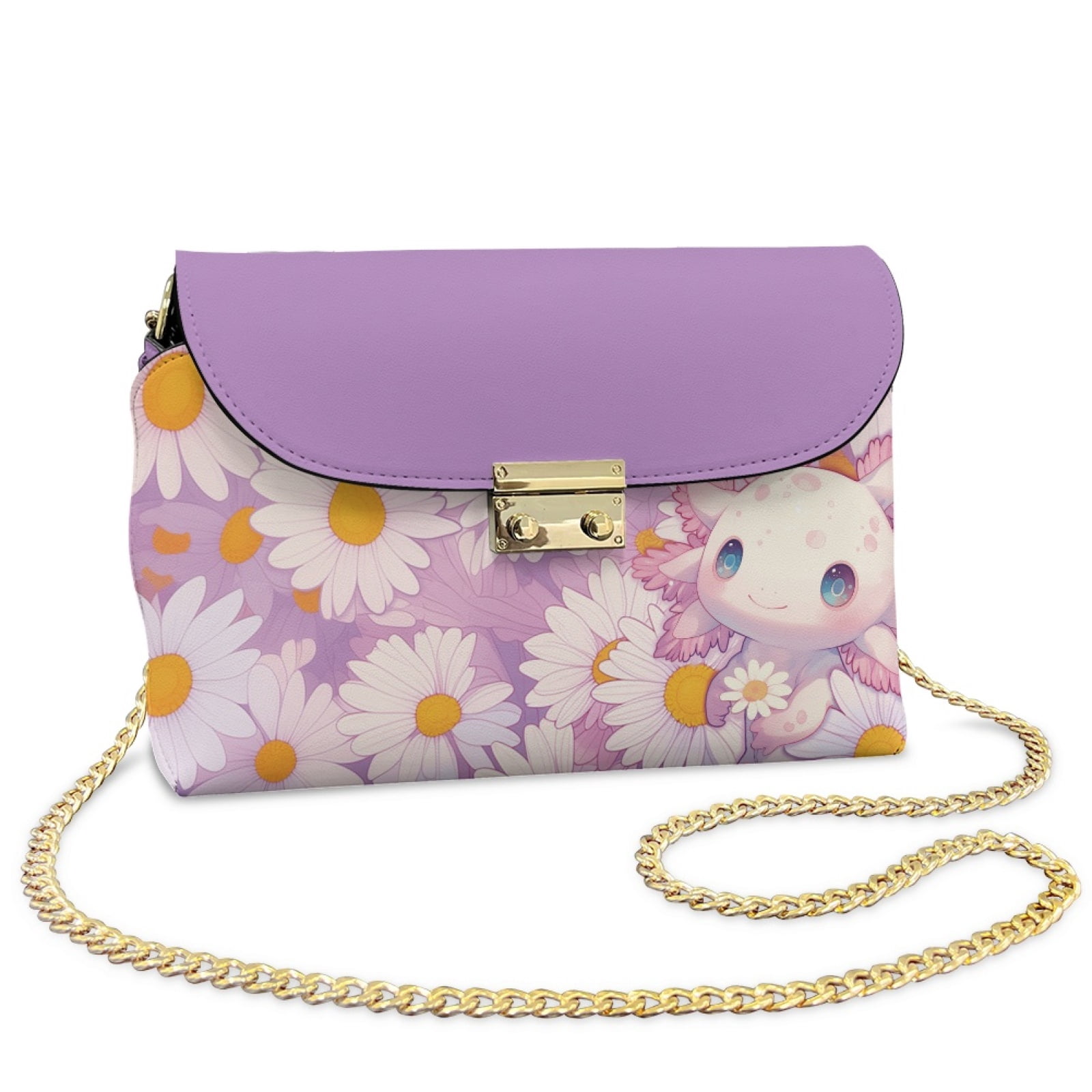 SCRAWLGOD Axolotl Daisy Print Violet Small Crossbody Bag Women's Crossbody Purse PU Leather Crossover Shoulder Bag Cross Body Handbags with Small Shoulder Purses