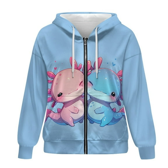 SCRAWLGOD Axolotl Hoodie Zip Up Women Hoodies with Zipper Hoodies for Women Plus Size M Long Sleeve Oversized Zip Up Hoodie for Women Lightweight Zipup Hoodie Women Fall