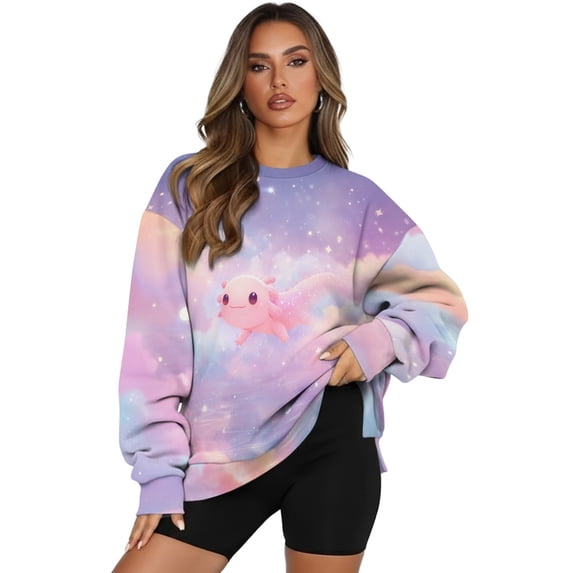 SCRAWLGOD Axolotl Sky Print Violet Womens Sweatshirts Polyester Crewneck Tops Long Sleeve Loose Fit Lightweight Fall Winter Drop Shoulder Casual Pullover with Pockets, L