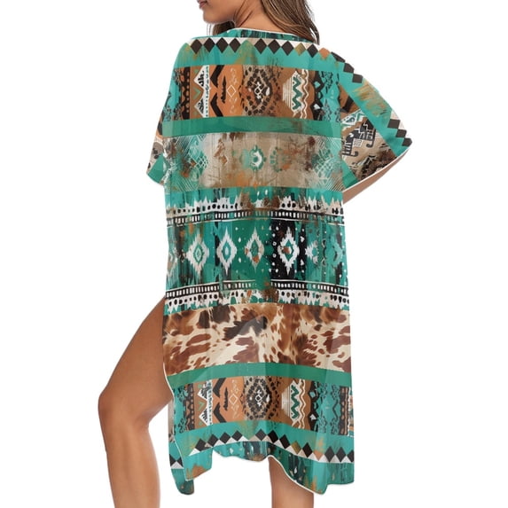 SCRAWLGOD Aztec Cow Print Kimono Swimsuit Cover Up for Women Soft Lightweight Swimsuit Coverup Breathable Loose Beach Cover Up