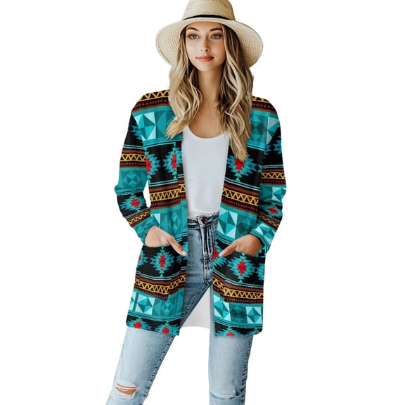 SCRAWLGOD Aztec Ethnic Cardigan Jacket for Women Lightweight Graphic Sweatshirts Size M Long-Sleeve Women Long Cardigan with Pockets Stretchable Casual Cardigans for Travel