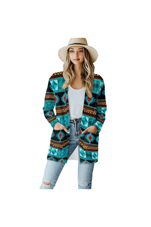 Aztec Ethnic Cardigan Jacket for Women Lightweight Graphic Sweatshirts Size S Long-Sleeve Women Long Cardigan with Pockets Stretchable Casual Cardigans for Travel
