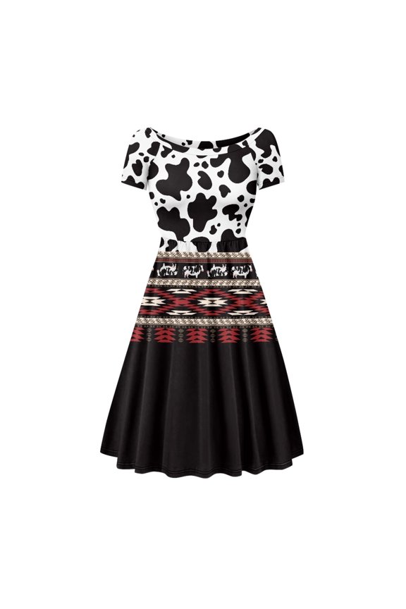 Aztec Ethnic Dress for Women Plus Size 2XL Cow Print Summer Dresses with Short Sleeves Lightweight Pleat Dress for Women with Sleeves for Holidays Size 2XL