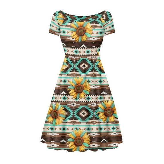 SCRAWLGOD Aztec Ethnic Dress for Women Plus Size 2XL Geometric Summer Dresses with Short Sleeves Lightweight One-Piece Dress for Women Summer Crewneck High Waist Casual Dress for Holidays