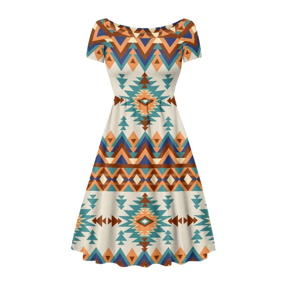 SCRAWLGOD Aztec Ethnic Dress for Women Plus Size 4XL Geometric Summer Dresses with Short Sleeves Lightweight High Waist Midi Dresses for Women Summer Round Neck for Holidays