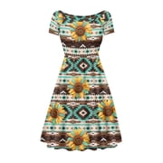 SCRAWLGOD Aztec Ethnic Dress for Women Plus Size L Geometric Summer Dresses with Short Sleeves Lightweight One-Piece Dress for Women Summer Crewneck High Waist Casual Dress for Holidays