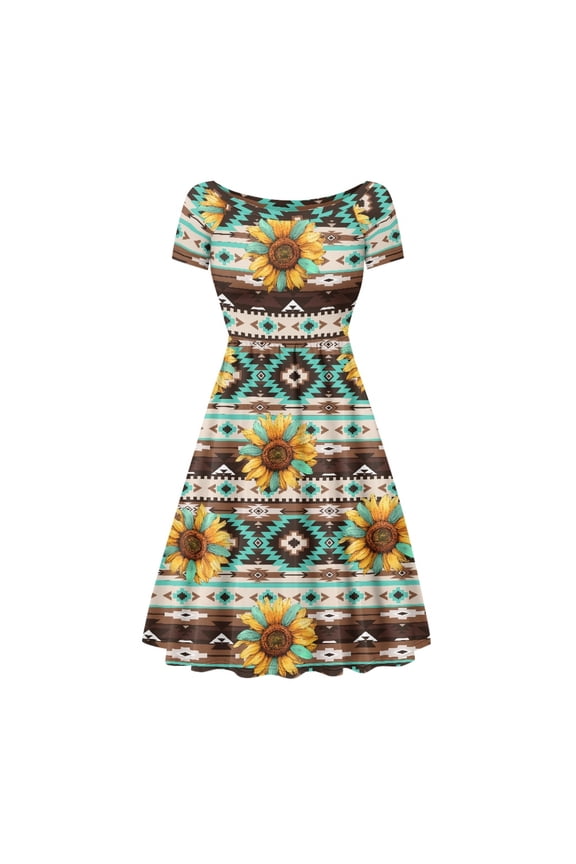 Aztec Ethnic Dress for Women Plus Size M Geometric Summer Dresses with Short Sleeves Lightweight One-Piece Dress for Women Summer Crewneck High Waist Casual Dress for Holidays