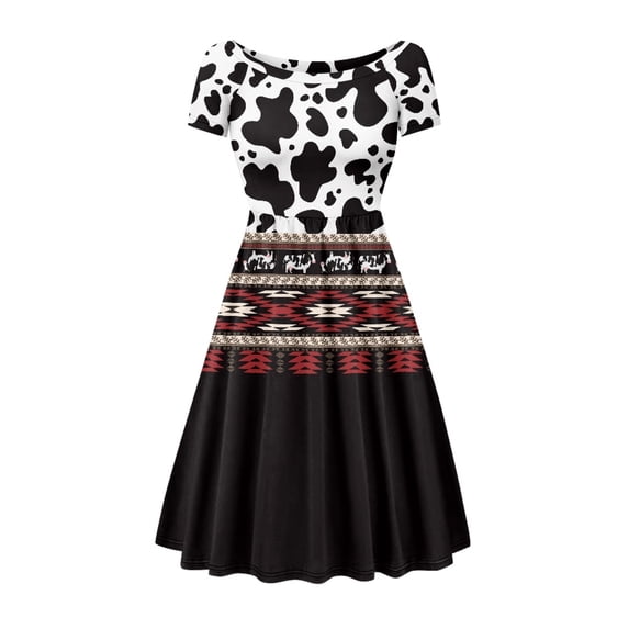 SCRAWLGOD Aztec Ethnic Dress for Women Plus Size S Cow Print Summer Dresses with Short Sleeves Lightweight Pleat Dress for Women with Sleeves for Holidays Size S