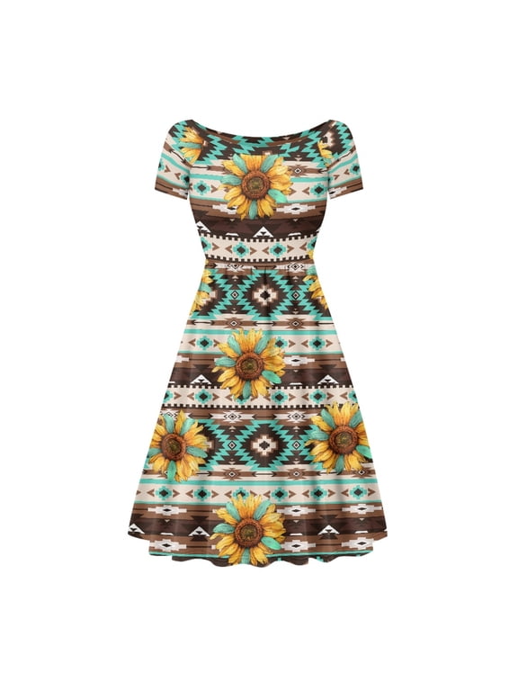 Aztec Ethnic Dress for Women Plus Size XL Geometric Summer Dresses with Short Sleeves Lightweight One-Piece Dress for Women Summer Crewneck High Waist Casual Dress for Holidays