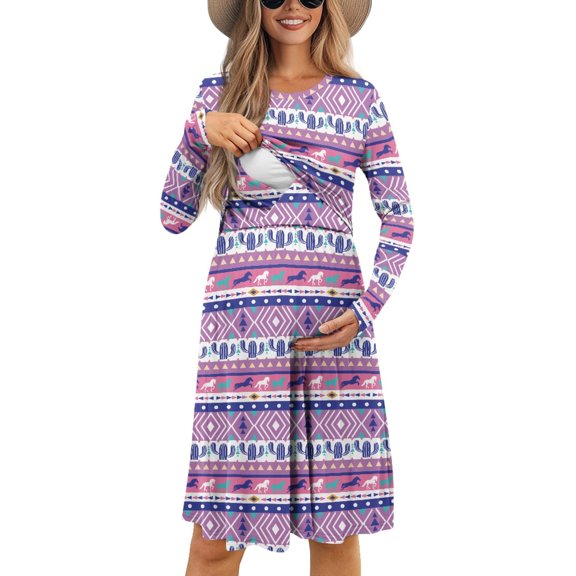 SCRAWLGOD Aztec Ethnic Nursing Friendly Fall Dresses Long Sleeve Maternity Dress for Breastfeeding Crewneck Knee Length Dress for Women with Sleeves Size L Loose Women Outfits