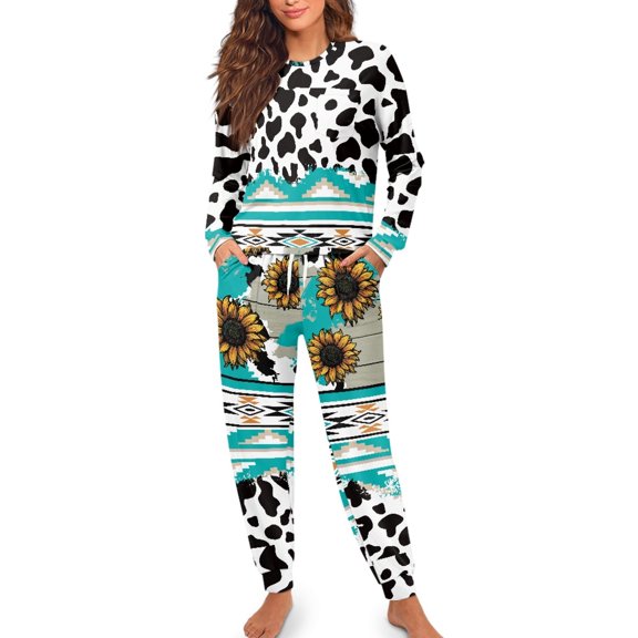 SCRAWLGOD Aztec Ethnic Pajamas Women Cow Print Pjs for Women Long Sleeve Pants and Top Crewneck 2 Pj Sets for Woman Casual Women Lounge Sets Size S