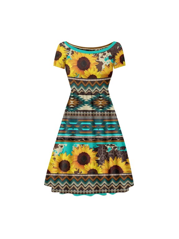 Aztec Ethnic Summer Dresses for Women Plus Size 2XL Casual Summer Dresses for Women Midi with Sleeves Flexible Swing Dresses for Women Knee Length with Wide Meckline for Vacations