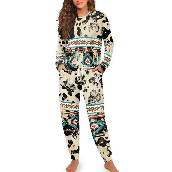 SCRAWLGOD Aztec Ethnic Women Cow Print Pajamas for Women Long Sleeve Tops and Pants Size XL Crewneck 2 Pj Sets Comfortable Nightwear for Women Pajama Set