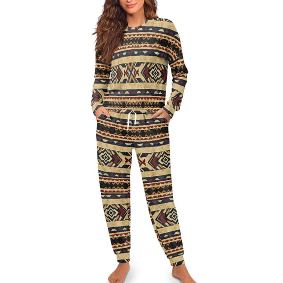 SCRAWLGOD Aztec Southwest Women's Pjs Long Sleeve Pajama Sets for Women 2 Piece Size L Drawstring Graphic Pj Set Comfortable Women Loungewear for Travel
