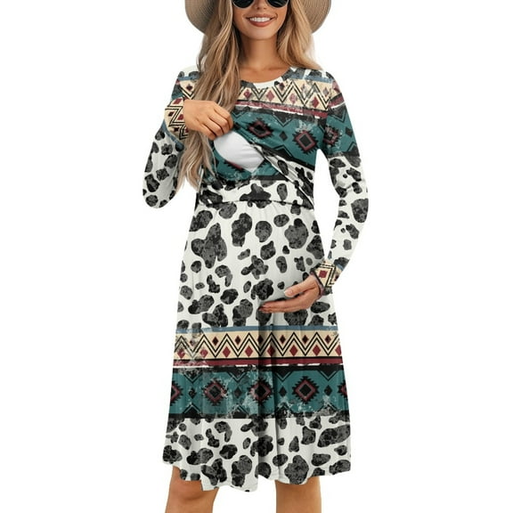 SCRAWLGOD Aztec Southwest Womens Nursing Dress Long Sleeve Maternity Cow Print Dresses for Work Crewneck Breast Feeding Dress Midi Stretchable A Line Dresses for Women Size S
