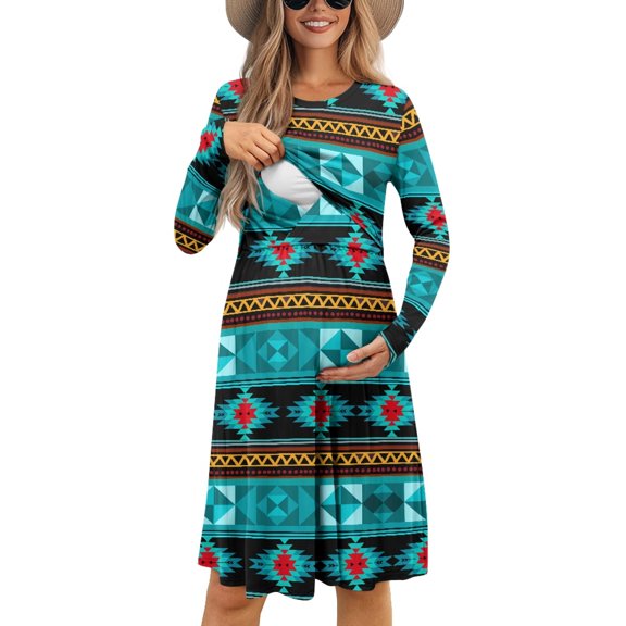 SCRAWLGOD Aztec Tribal Breast Feeding Dresses for Women Long Sleeve Nursing Dress Crew Neck Pregnancy Dress for Work Breathable Midi Dress for Women Fall Casual Clothes Size M