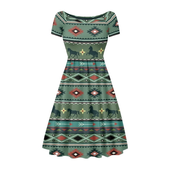 SCRAWLGOD Aztec Tribal Geometric Figure Dress for Women Plus Size XS Summer Dresses with Sleeve Midi Length Summer Dresses Women Casual Party with Round Neck and Wide Sleeves