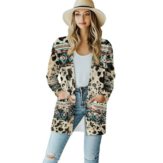 SCRAWLGOD Aztec Tribal Light Weight Womens Cardigan Jackets Cow Print Long Cardigan for Women Trendy Size M Elastic Women Clothes Trendy Work with Pockets