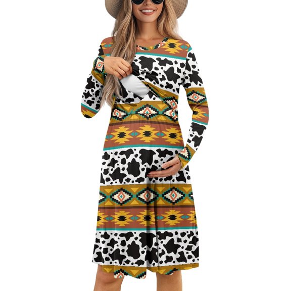 SCRAWLGOD Aztec Tribal Long Sleeve Nursing Dress for Breastfeeding Cow Print Dresses Size M Round Neck Casual Maternity Dresses for Women Fall Outfits Soft Pleated Dress for Women