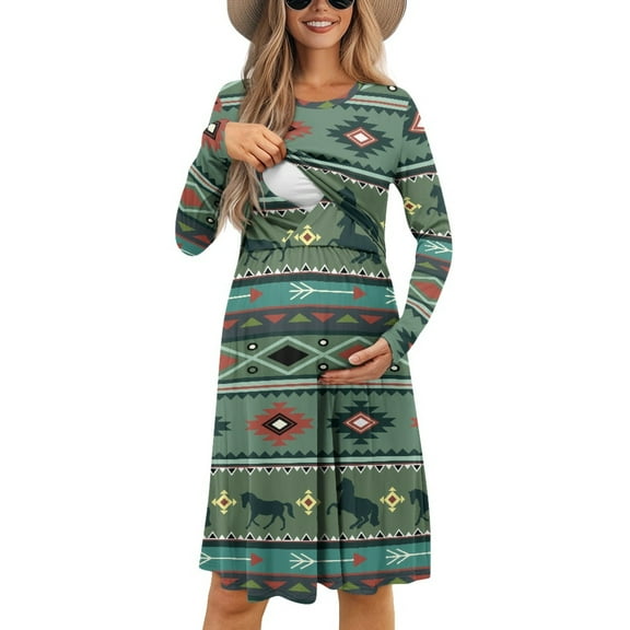 SCRAWLGOD Aztec Tribal Maternity Nursing Dress Long Sleeve Breastfeeding Dresses Fall Crewneck Pregnant Dress for Women Baby Shower Lightweight Womens A Line Dress Casual Size S