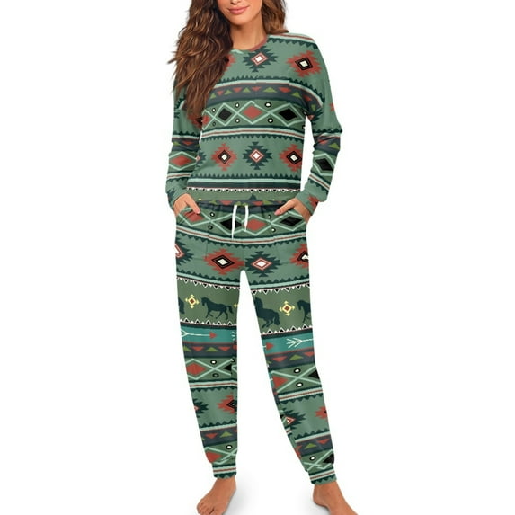 SCRAWLGOD Aztec Tribal Pajamas Womens Long Sleeve 2 Piece Sets for Women Sleepwear Size S Crewneck Women's Pj with Pockets Washable Ladies Jogger Pjs Set