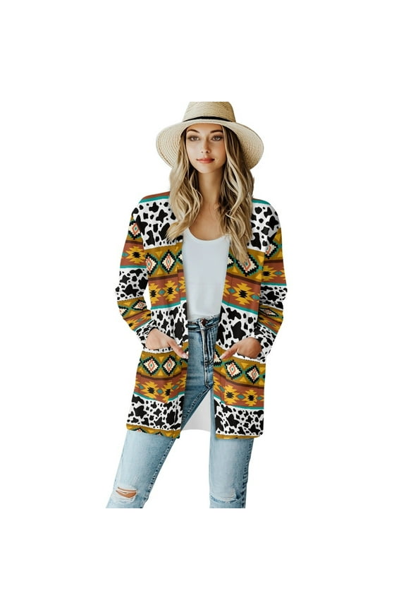 Aztec Tribal Women Long Cardigans Lightweight Cow Print Sweatshirt for Women Long Sleeve Sweatshirt Cardigan Women Travel Breathable Womens Sweater Jacket Size M