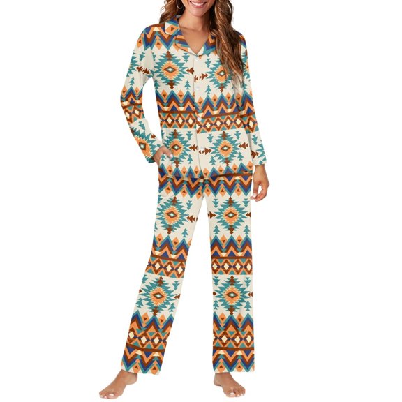 SCRAWLGOD Aztec Tribal Women Pjs Long Sleeve Button Up Pajamas for Women Sleepwear V Neck 2 Pj Sets for Woman Lightweight Ladies Pajama Sets with Pockets Size XS