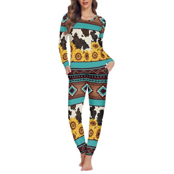 SCRAWLGOD Aztec Tribal Women's Cow Print Pajamas for Women Set Long Sleeve and Pants Crewneck Set of 2 Pjs Breathable Women Nightwear Pajama Sets Size XS