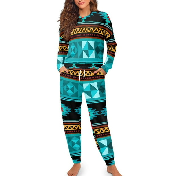 SCRAWLGOD Aztec Tribal Women's Pajama for Women Long Sleeve Pjs for Women Clothes Crewneck 2-Piece Lounge Set Size M Lightweight Women Sleepwear Soft