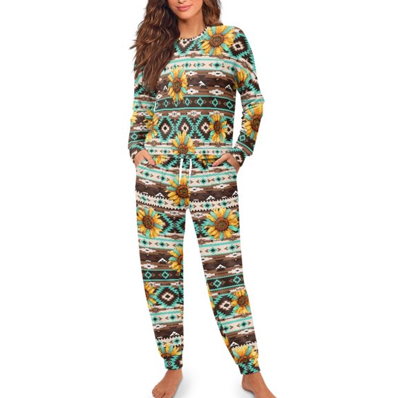 SCRAWLGOD Aztec Tribal Women's Pjs Long Sleeve Pajama Set for Women Sunflower Outfit Size L Crewneck Graphic Pajamas Breathable Women's Soft Loungewear