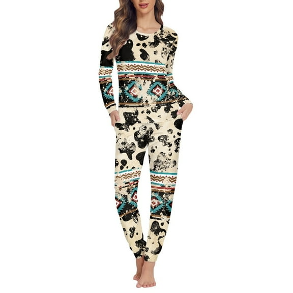SCRAWLGOD Aztec Tribal Womens Cow Print Pajamas Set Long Sleeve Pjs for Women Set Crewneck Ladies Two Piece Pajamas Size XS Lightweight Women Sleepwear Soft