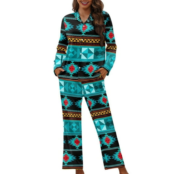 SCRAWLGOD Aztec Tribal Womens Pajama Long Sleeve Button Pjs for Women Sleepwear Set of 2 V Neck Ladies Jogger Pjs Size XS Elastic Women's Pj with Pockets