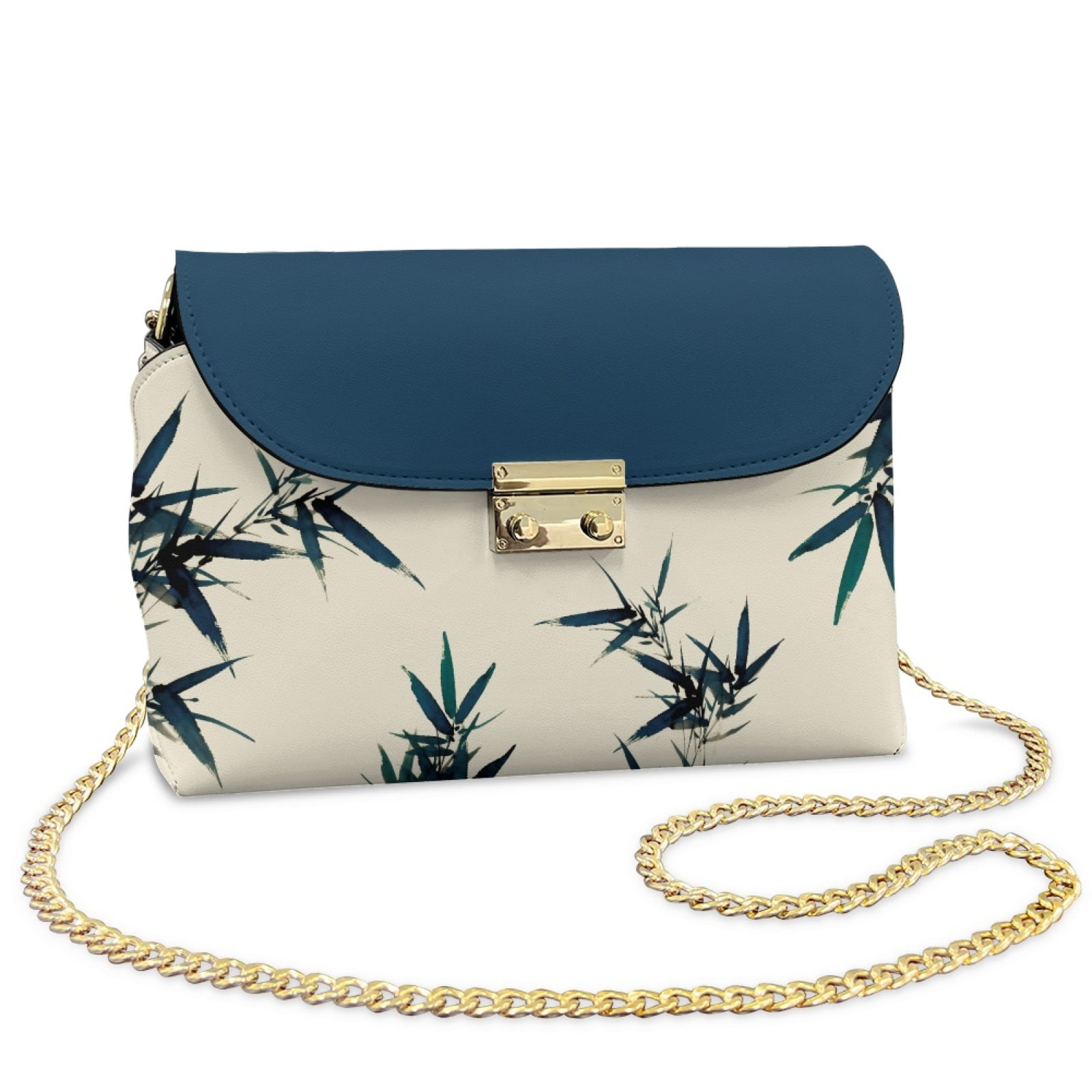 SCRAWLGOD Bamboo Print Beige Dark Blue Crossbody Purses for Women Trendy Crossbody Bags Cell Phone Camera Leather Shoulder Handbags with Metal Buckle