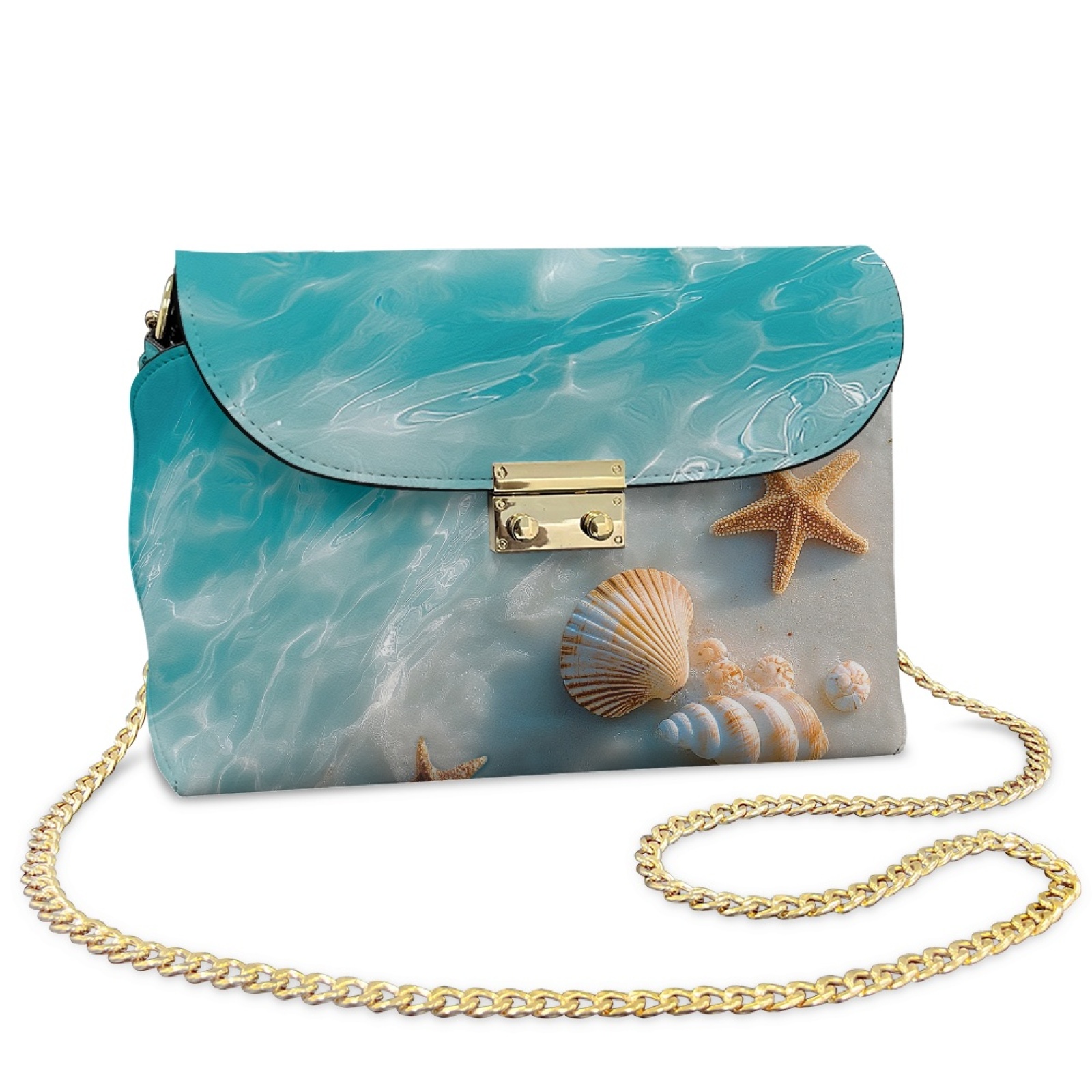SCRAWLGOD Beach Water Conch Starfish Print Small Crossbody Bag for Women PU Leather Phone Purse with Metal Hook Lightweight Stain Resistant Crossbody Handbags with Metal Buckle