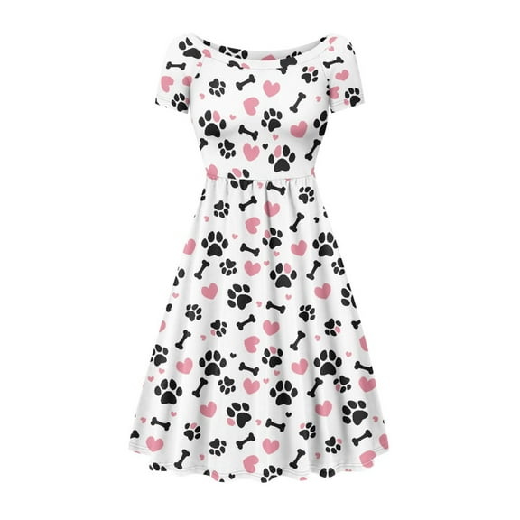 SCRAWLGOD Bitterness Dog Paw Print Dress Women Casual Summer Dresses Midi Length Lightweight Short Sleeve Swing Dresses for Women Crew Neck High Waist Casual Dress Size L