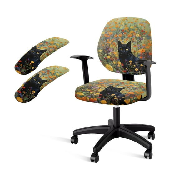 SCRAWLGOD Black Cat Floral Dustproof Computer Chair Cover with Armrest Slipcovers 4 Pieces Easy to Remove Rotating Chair Protector Breathable Swivel Chair Slipcover