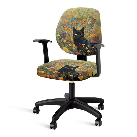 SCRAWLGOD Black Cat Floral Stretchable Cover for Office Chair Seat Comfortable Non-Slip Desk Chair Seat Protector Breathable Split Boss Chair Covers, 2 Piece Sets