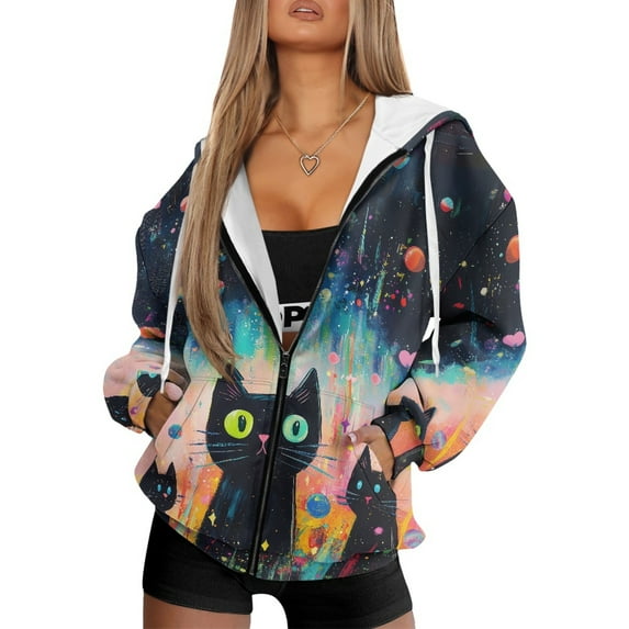 SCRAWLGOD Black Cat Graffiti Comfortable Full-Zip Hoodies for Women Loose Fit Hooded Sweatshirt Long Sleeve Sweater for Casual Wear, Exercising, Lounging at Home, M