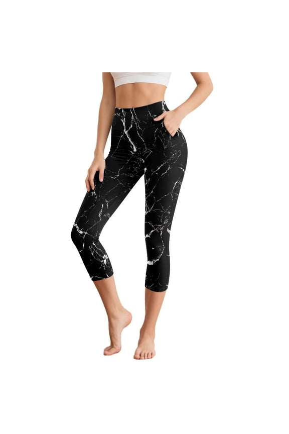 Black Marble Print Capri Leggings with Pockets for Women, Hight Waisted Active Yoga Pants Leggings for Running Cycling Tummy Control Workout Yoga Capris, M